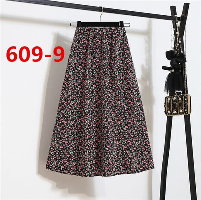 Vintage Floral Print Chiffon A-Link Skirt Elastic High Waist Casual Midi Skirt Clothes Jupe Plus Size Summer Skirts Womens