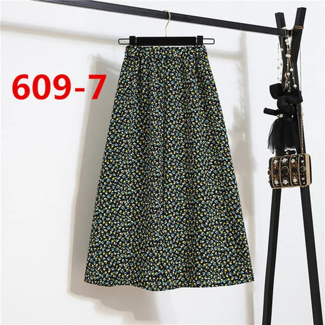 Vintage Floral Print Chiffon A-Link Skirt Elastic High Waist Casual Midi Skirt Clothes Jupe Plus Size Summer Skirts Womens