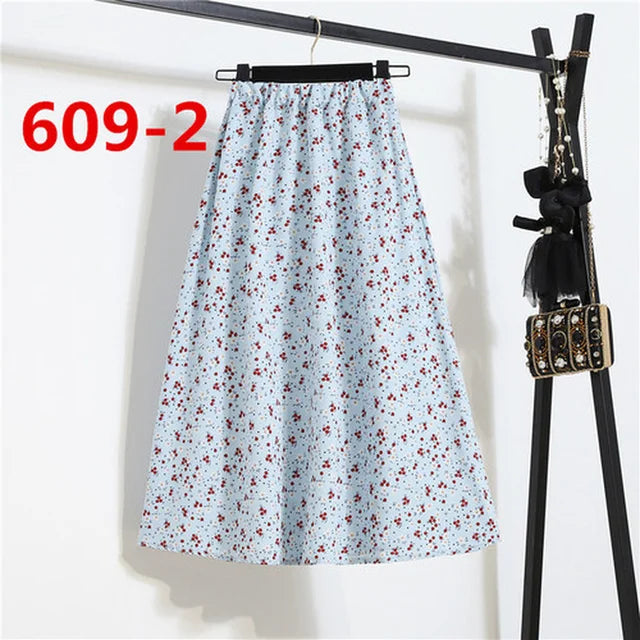 Vintage Floral Print Chiffon A-Link Skirt Elastic High Waist Casual Midi Skirt Clothes Jupe Plus Size Summer Skirts Womens