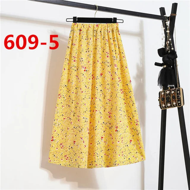 Vintage Floral Print Chiffon A-Link Skirt Elastic High Waist Casual Midi Skirt Clothes Jupe Plus Size Summer Skirts Womens