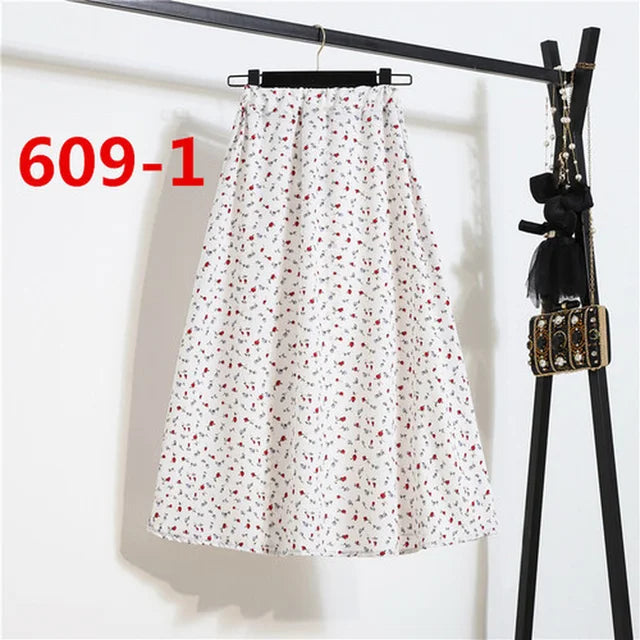Vintage Floral Print Chiffon A-Link Skirt Elastic High Waist Casual Midi Skirt Clothes Jupe Plus Size Summer Skirts Womens