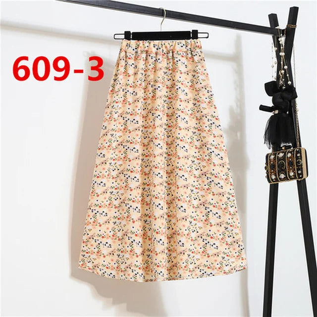 Vintage Floral Print Chiffon A-Link Skirt Elastic High Waist Casual Midi Skirt Clothes Jupe Plus Size Summer Skirts Womens