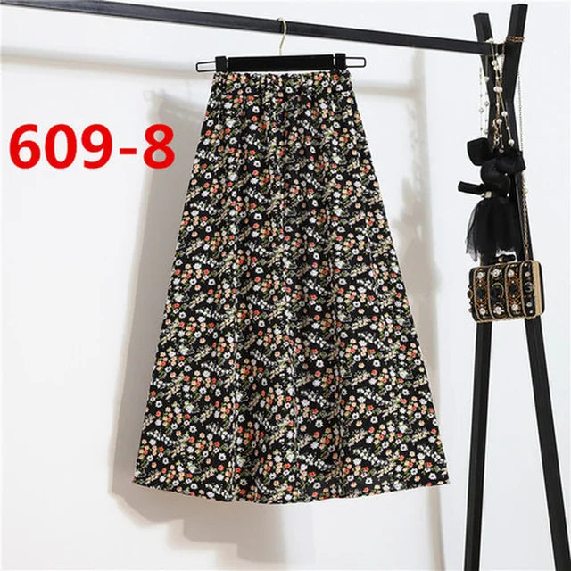 Vintage Floral Print Chiffon A-Link Skirt Elastic High Waist Casual Midi Skirt Clothes Jupe Plus Size Summer Skirts Womens