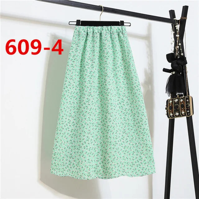 Vintage Floral Print Chiffon A-Link Skirt Elastic High Waist Casual Midi Skirt Clothes Jupe Plus Size Summer Skirts Womens