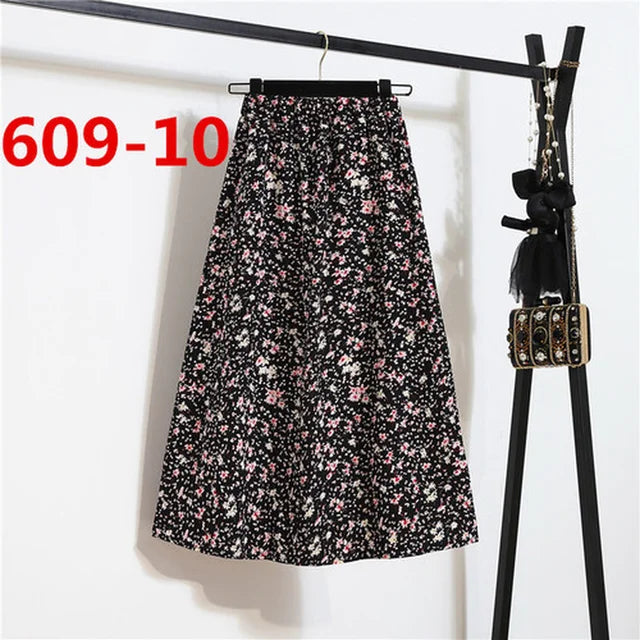 Vintage Floral Print Chiffon A-Link Skirt Elastic High Waist Casual Midi Skirt Clothes Jupe Plus Size Summer Skirts Womens