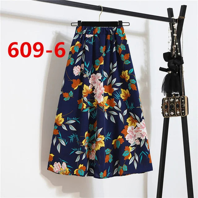 Vintage Floral Print Chiffon A-Link Skirt Elastic High Waist Casual Midi Skirt Clothes Jupe Plus Size Summer Skirts Womens