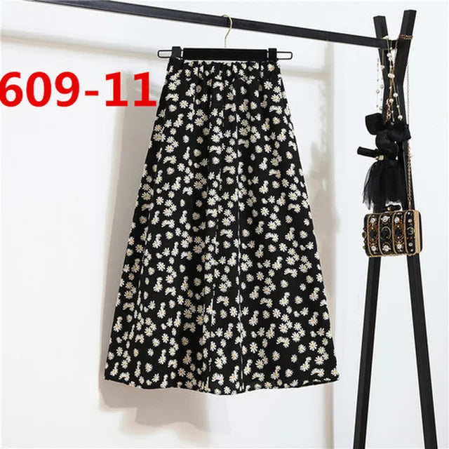 Vintage Floral Print Chiffon A-Link Skirt Elastic High Waist Casual Midi Skirt Clothes Jupe Plus Size Summer Skirts Womens