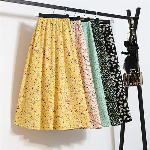 Vintage Floral Print Chiffon A-Link Skirt Elastic High Waist Casual Midi Skirt Clothes Jupe Plus Size Summer Skirts Womens