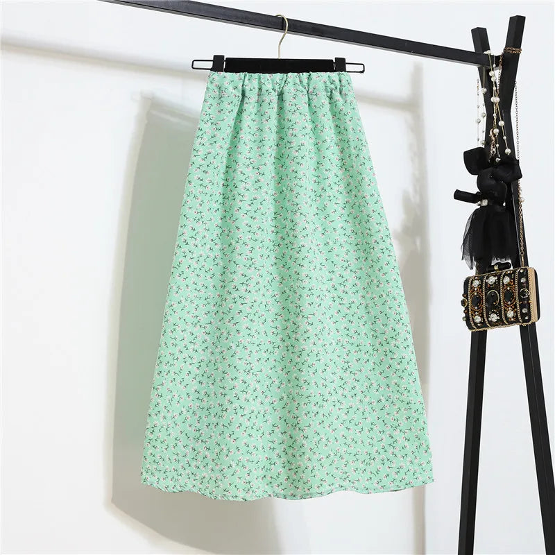 Vintage Floral Print Chiffon A-Link Skirt Elastic High Waist Casual Midi Skirt Clothes Jupe Plus Size Summer Skirts Womens