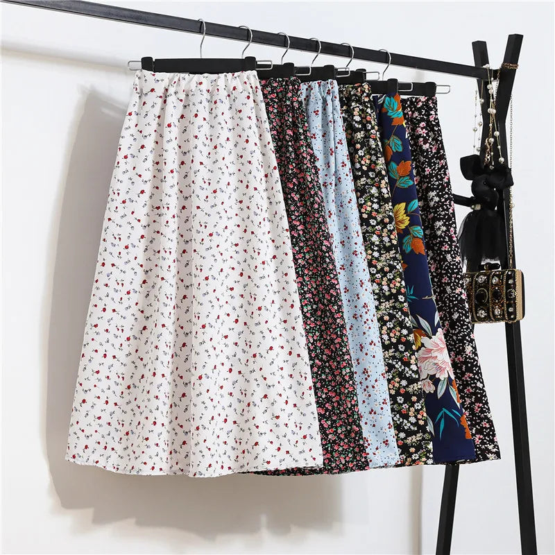 Vintage Floral Print Chiffon A-Link Skirt Elastic High Waist Casual Midi Skirt Clothes Jupe Plus Size Summer Skirts Womens