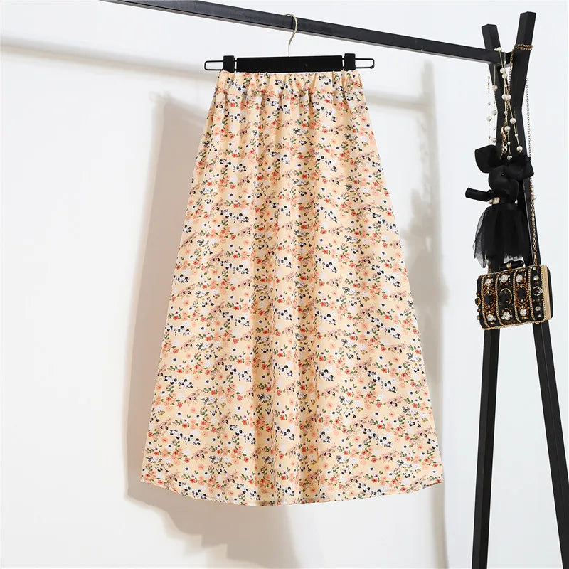Vintage Floral Print Chiffon A-Link Skirt Elastic High Waist Casual Midi Skirt Clothes Jupe Plus Size Summer Skirts Womens