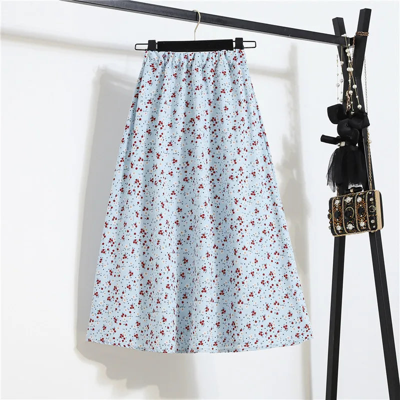 Vintage Floral Print Chiffon A-Link Skirt Elastic High Waist Casual Midi Skirt Clothes Jupe Plus Size Summer Skirts Womens