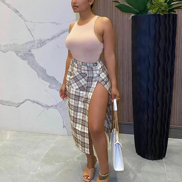 Women Elegant Plaid High Waist irregular Buttons Design Slit Long Skirts