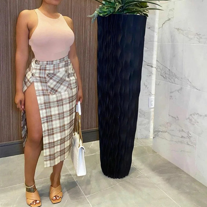 Women Elegant Plaid High Waist irregular Buttons Design Slit Long Skirts