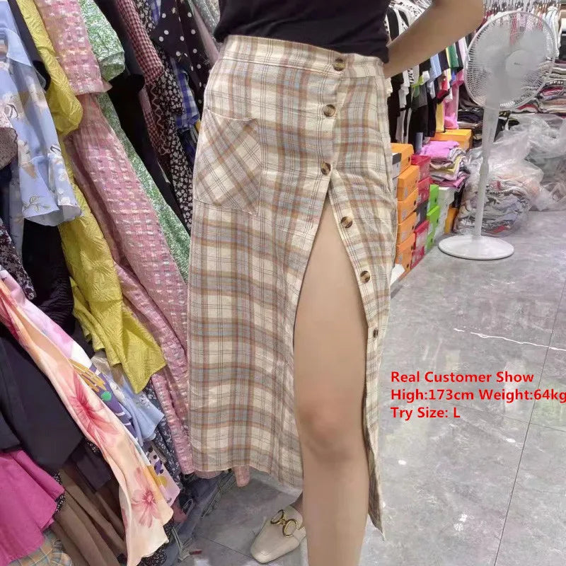 Women Elegant Plaid High Waist irregular Buttons Design Slit Long Skirts
