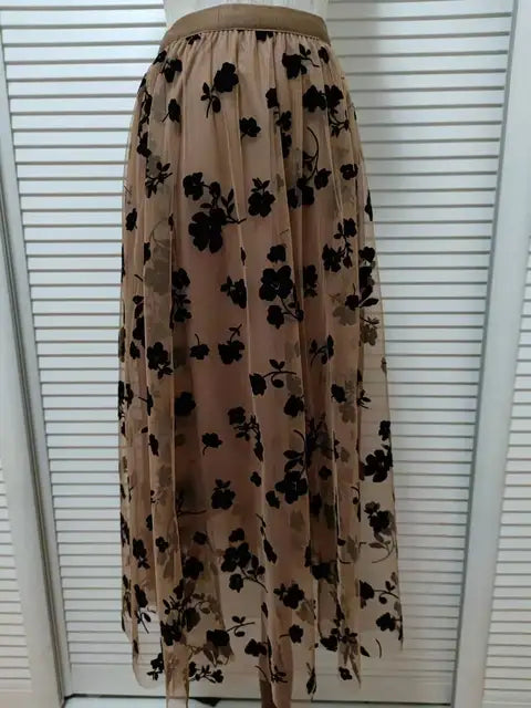 Women's 3D Posy Double-Layered Mesh Midi Skirt Long Floral Tulle Pleated Tutu  Mesh Skirts