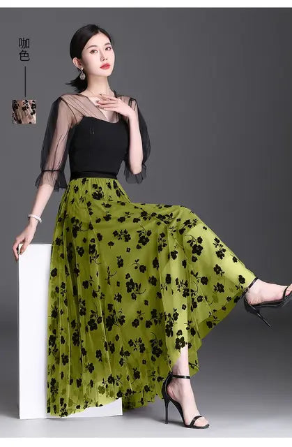 Women's 3D Posy Double-Layered Mesh Midi Skirt Long Floral Tulle Pleated Tutu  Mesh Skirts