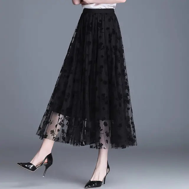 Women's 3D Posy Double-Layered Mesh Midi Skirt Long Floral Tulle Pleated Tutu  Mesh Skirts