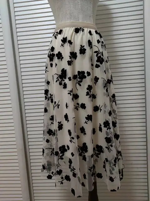 Women's 3D Posy Double-Layered Mesh Midi Skirt Long Floral Tulle Pleated Tutu  Mesh Skirts