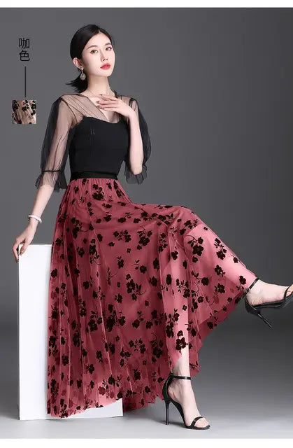 Women's 3D Posy Double-Layered Mesh Midi Skirt Long Floral Tulle Pleated Tutu  Mesh Skirts