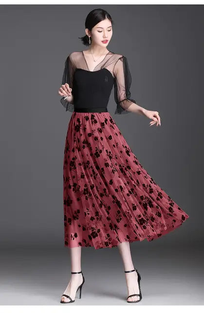 Women's 3D Posy Double-Layered Mesh Midi Skirt Long Floral Tulle Pleated Tutu  Mesh Skirts