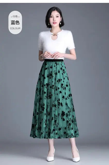 Women's 3D Posy Double-Layered Mesh Midi Skirt Long Floral Tulle Pleated Tutu  Mesh Skirts