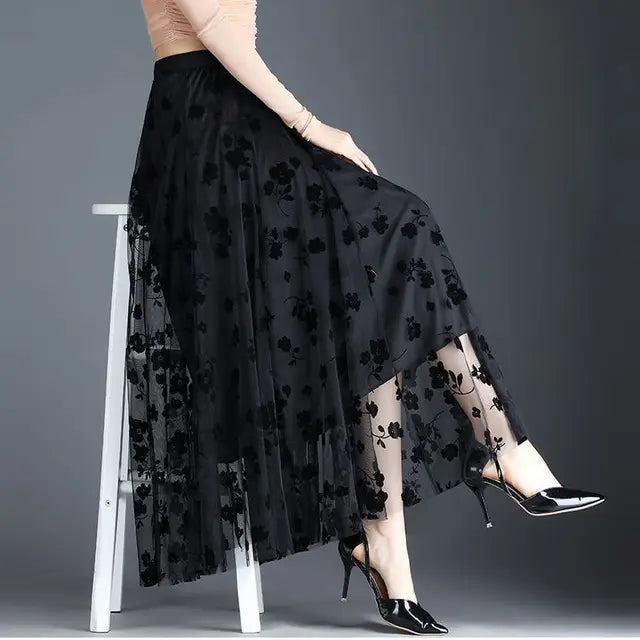Women's 3D Posy Double-Layered Mesh Midi Skirt Long Floral Tulle Pleated Tutu  Mesh Skirts