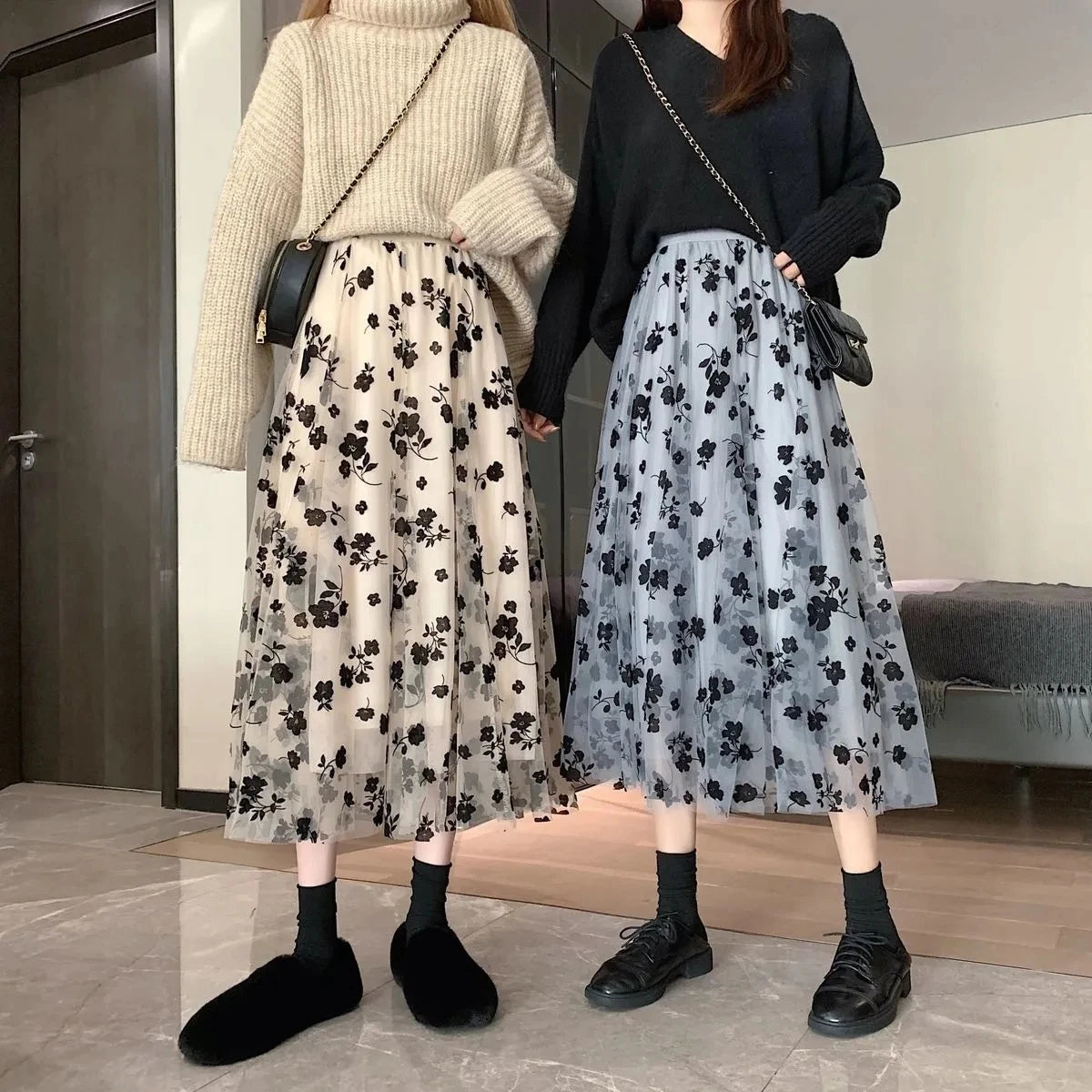 Women's 3D Posy Double-Layered Mesh Midi Skirt Long Floral Tulle Pleated Tutu  Mesh Skirts