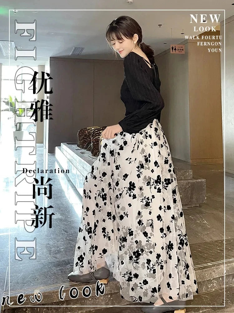 Women's 3D Posy Double-Layered Mesh Midi Skirt Long Floral Tulle Pleated Tutu  Mesh Skirts