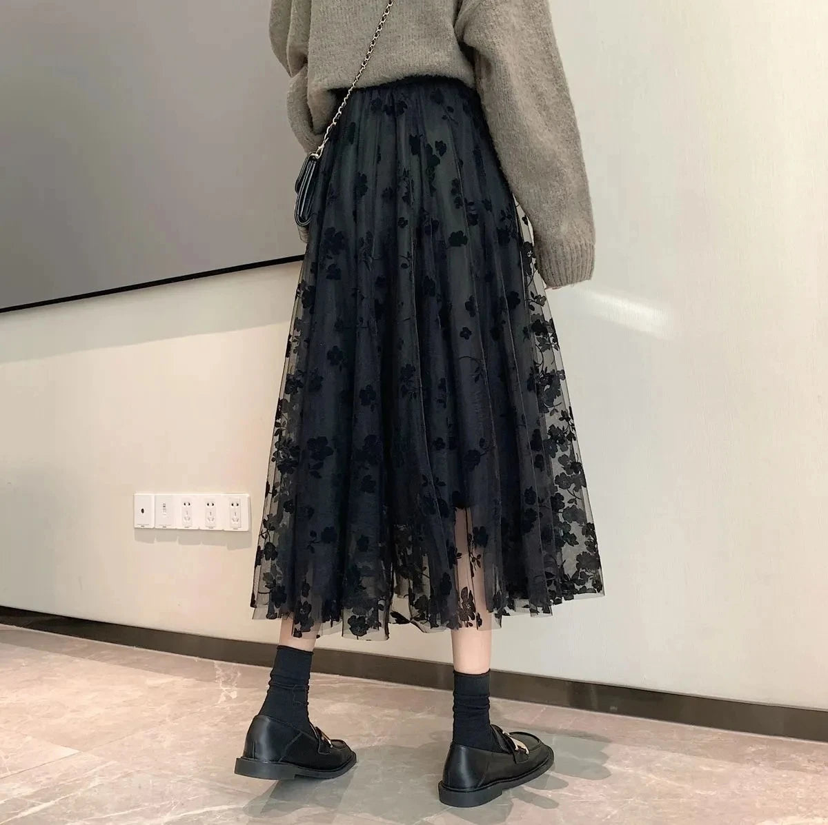 Women's 3D Posy Double-Layered Mesh Midi Skirt Long Floral Tulle Pleated Tutu  Mesh Skirts