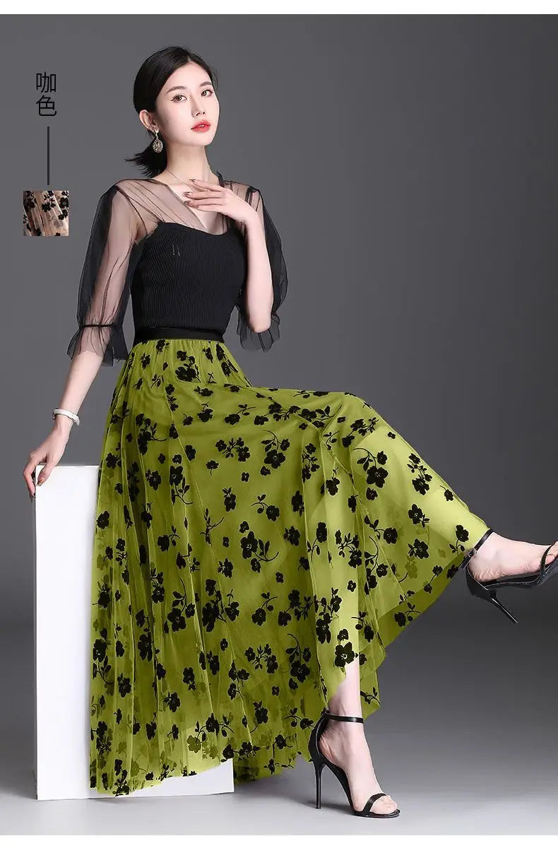 Women's 3D Posy Double-Layered Mesh Midi Skirt Long Floral Tulle Pleated Tutu  Mesh Skirts