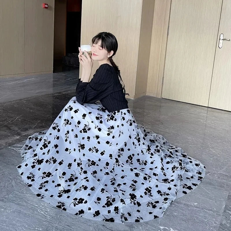 Women's 3D Posy Double-Layered Mesh Midi Skirt Long Floral Tulle Pleated Tutu  Mesh Skirts