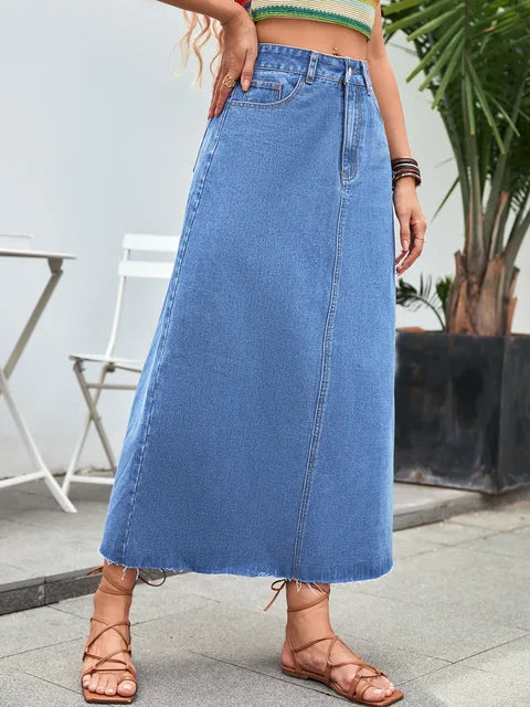 Fashion High Waist Denim Skirts Women Solid Blue Washed Cowboys Midi Skirt Casual Jupes Vintage Faldas