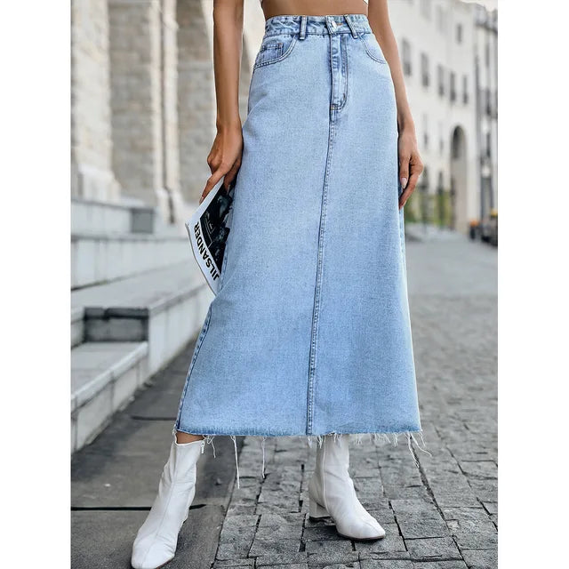 Fashion High Waist Denim Skirts Women Solid Blue Washed Cowboys Midi Skirt Casual Jupes Vintage Faldas