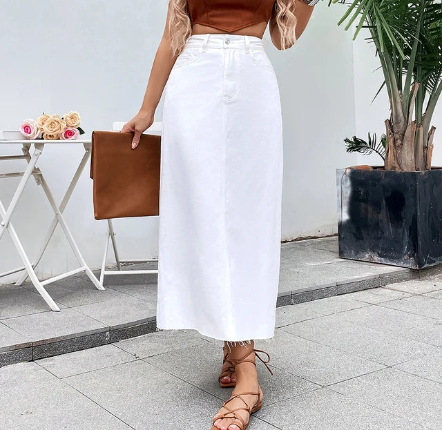 Fashion High Waist Denim Skirts Women Solid Blue Washed Cowboys Midi Skirt Casual Jupes Vintage Faldas