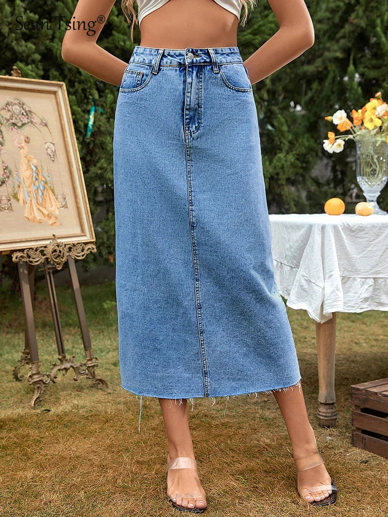 Fashion High Waist Denim Skirts Women Solid Blue Washed Cowboys Midi Skirt Casual Jupes Vintage Faldas