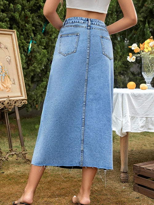 Fashion High Waist Denim Skirts Women Solid Blue Washed Cowboys Midi Skirt Casual Jupes Vintage Faldas