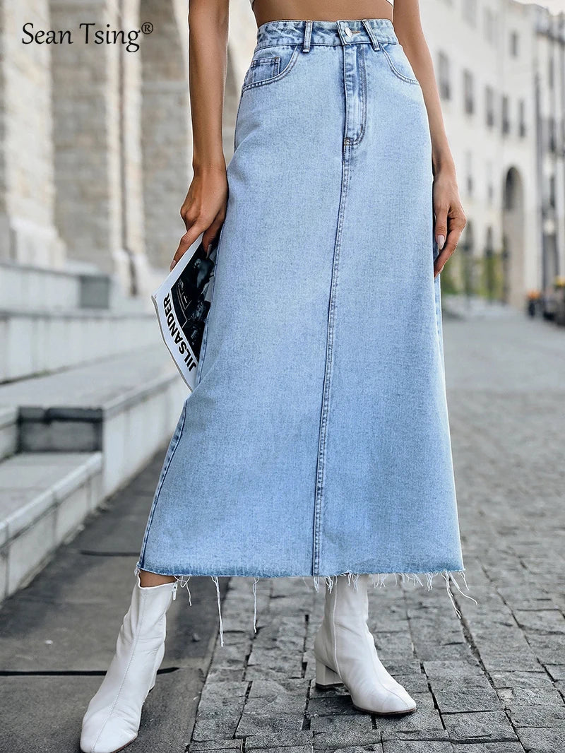 Fashion High Waist Denim Skirts Women Solid Blue Washed Cowboys Midi Skirt Casual Jupes Vintage Faldas